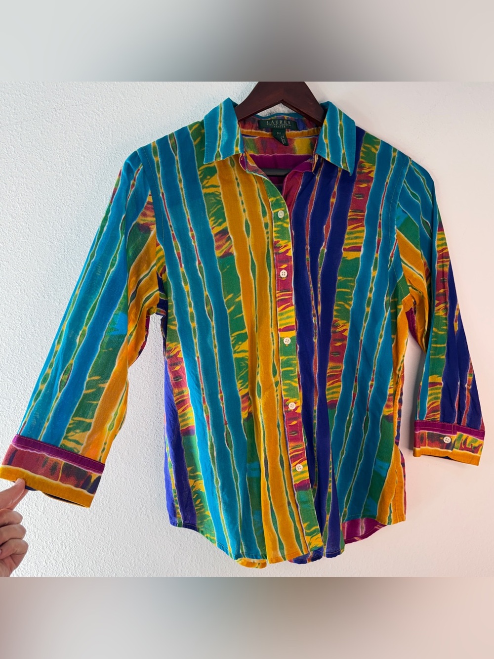 VTG Y2K Lauren Ralph Lauren Tie Dye Button Down Shirt Boho Colorful Hippie PM